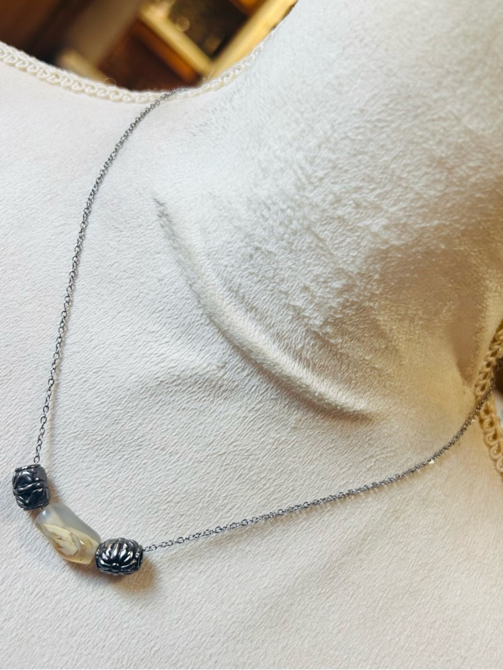 Handcrafted vintage orca agate filigree slider beads on chain necklace